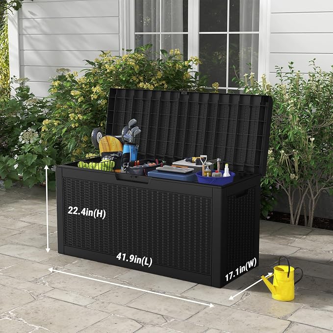 Mars Villa 60 Gallon Outdoor Storage Bench, Deck Box Waterproof Outside Resin Storage Bin for Outdoor Patio Furniture Cushion, Pool Supply, Garden Tool, UV-Resistant and Weatherproof, Rattan Black