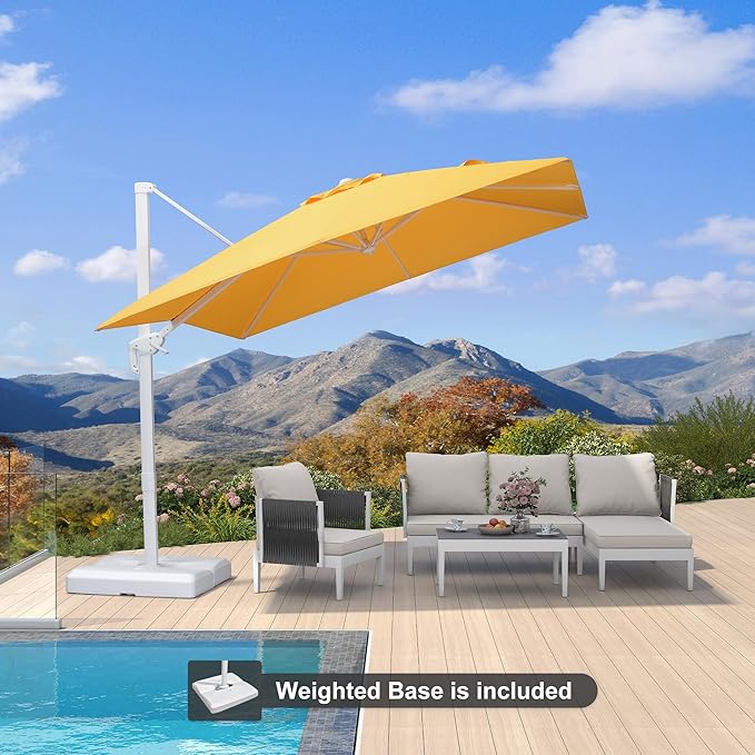 PURPLE LEAF 9 FT Patio Umbrella With Base White Cantilever Umbrella Square Outdoor Offset Umbrella Windproof with 360° Rotation for Garden Deck Pool, Yellow