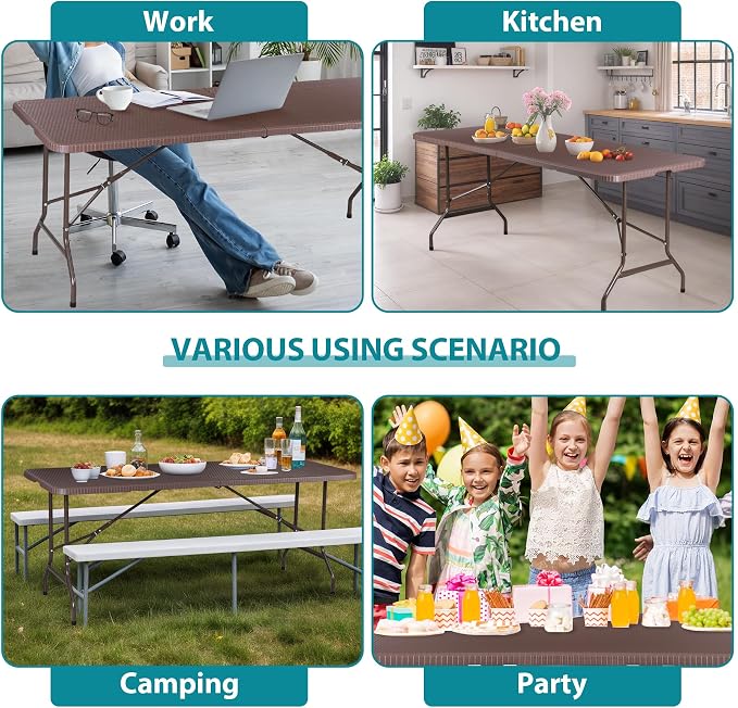 ZENY 6ft Portable Folding Table Plastic Indoor Outdoor Picnic Party Camp Dining Table with Handle (Brown, 71" x 27")