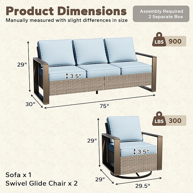 Wicker Patio 75" Sofa Set with 2 Swivel Chairs, All Weather Rattan Outdoor Conversation Furniture Set with Wood-Looking Metal Armrest & Removable Cushions for Backyard Porch, Baby Blue