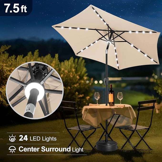 FLAME&SHADE 7.5 FT Solar Light Patio Umbrella, 24 LED Lights Outdoor Umbrella with Centre Surround Light, Table Umbrella Outdoor Patio for Deck, Pool, Backyard, Garden, UV Protection (Beige)