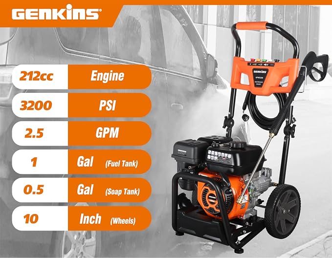 Genkins 3200 PSI Gas Foldable Pressure Washer, 2.5 GPM Residential Power Washer,5 Nozzles, Soap Tank & 25 Ft Hose, Portable Cleaner for Car, Patio, Driveway & Fence