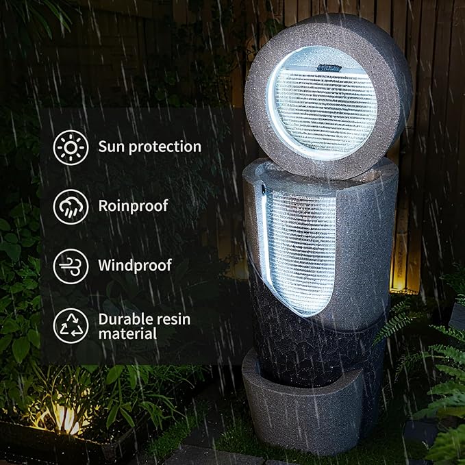 Modern Outdoor Water Fountain with LED Lights 3 Tier Cascading Outdoor Fountains and Waterfalls for Patio Balcony or Garden Decor 23.62 Inch Water Fountain Outdoor Clearance