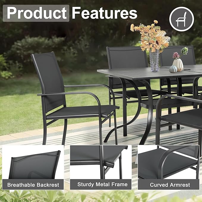 Crownland 7 Piece Patio Dining Set, Textilene Dining Sets, 6 Textilene Metal Chairs and Rectangular Outdoor Dining Table with Dark Blue 9FT Round Outdoor Umbrella (Black)