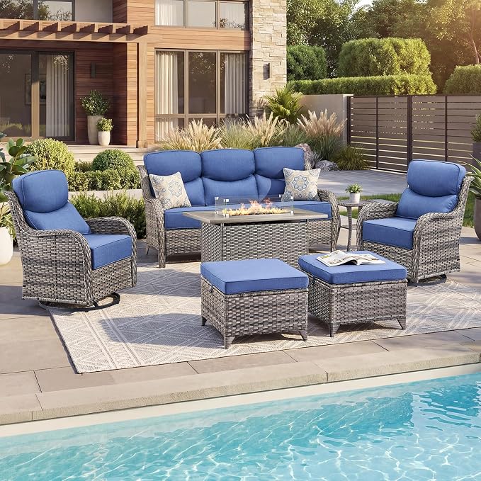 Luxury Patio Furniture Set with 6-inch Thick Cushion, Outdoor Furniture with Fire Pit Table, Swivel Chairs, Sofa, Side Table, Ottomans, 7pcs Wicker Conversation Set Grey Wicker | Blue Cushion