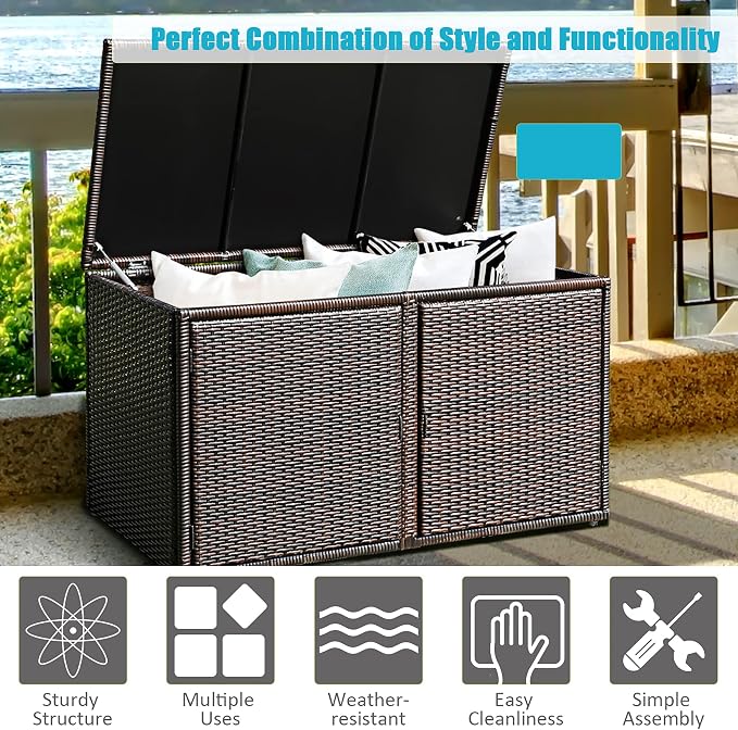 DORTALA 88 Gallon Deck Box Organizer, Wicker Large Indoor Outdoor Storage Container Cabinet for Patio Furniture Cushions Garden Tools, Brown