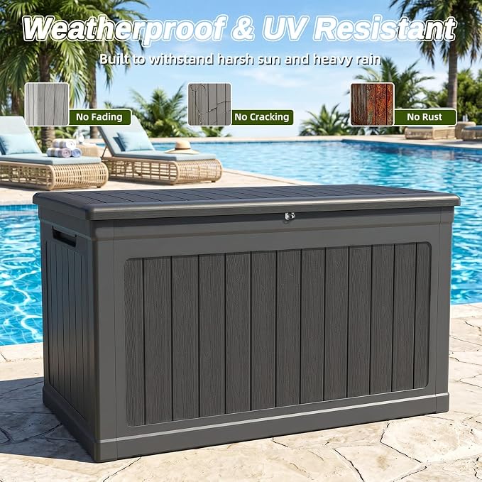 270 Gallon Deck Box, Extra Large Waterproof Outdoor Storage Box with Hydraulic Rod, Weatherproof Resin, Lockable Wood-grain Finish Container for Patio Furniture, Garden, Pool and Garage (Black)