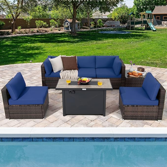 Tangkula 7 Piece Patio Furniture Set with Fire Pit Table, Includes 42 Inches 60,000 BTU Propane Rectangle Fire Pit Table and Protective Cover, Outdoor Cushioned Sectional Sofa Set for 5 (Navy)
