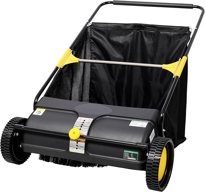 Push Lawn Sweeper, 26 in Leaf & Grass Collector with 7 cu. ft. Hopper Bag, Heavy Duty Yard Sweeper, Adjustable Spinning Brushes Height for Leaves Grass Cleanup (26 Inch)