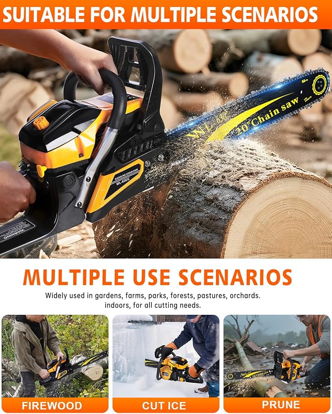 63CC Gas Powered Chainsaw 20 Inch, 2-Cycle Engine with 2 Chains & Bars, Heavy Duty Gas Chain Saw for Tree Felling, Logging, and Firewood Cutting (63CC – Yello)