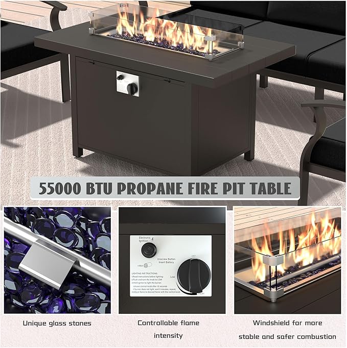 Metal Outdoor Patio Furniture Set for 10,Aluminum Patio Sectional Set w/Propane Fire Pit Table,Outside Furniture w/Removable Sponge Cushion for Porch, Balcony, Yard,Black