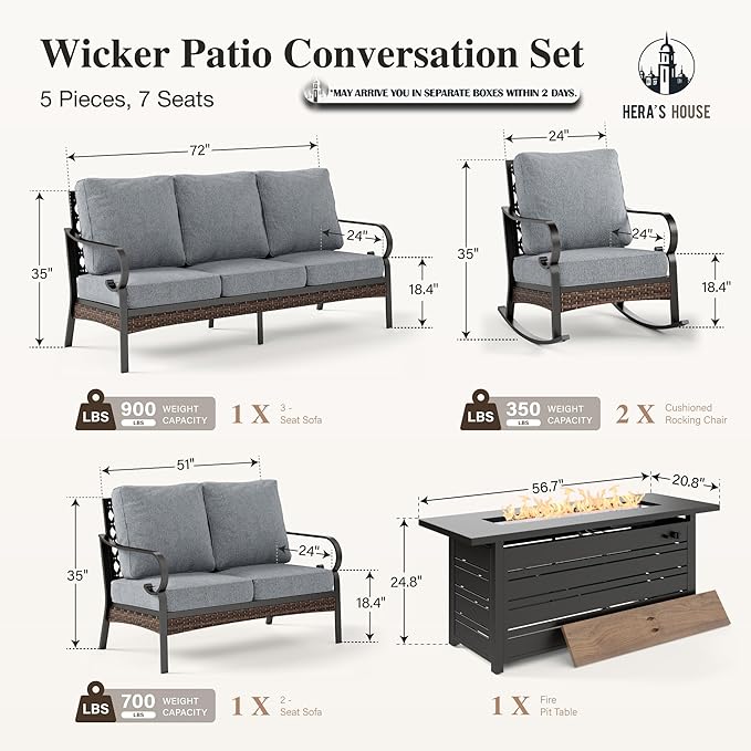 HERA'S HOUSE 5 Piece Metal Patio Furniture Set with 56" Fire Pit Table, All Weather Outdoor Conversation Set, 3 Seat Sofa with Loveseat, 2 Rocking Chair, Seats 7 for Backyard, Garden, Deck, Grey