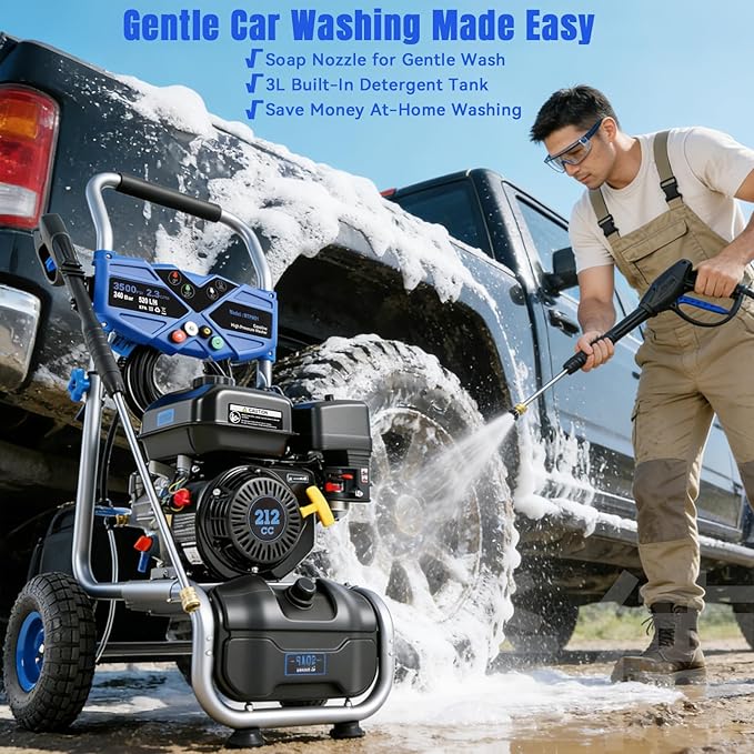 3500PSI Gas Pressure Washer, 212CC / 2.3GPM / 7HP / 4-Stroke Gas Power Washer with 4 Quick Connect Nozzles, 25FT Hose, Soap Tank, Gas Powered Pressure Washers for Driveways Decks Cars Paint Prep