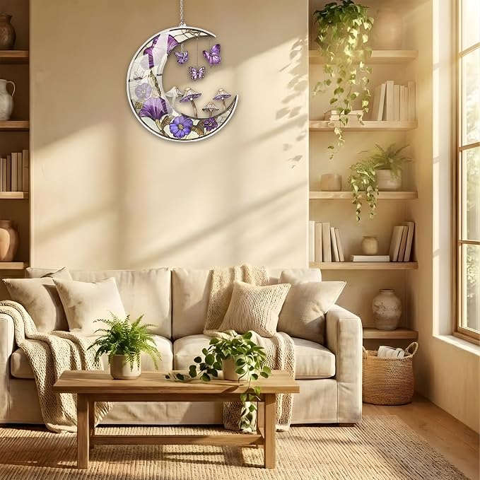 Crescent Moon Acrylic Suncatcher with Purple Flowers, Boho Suncatchers for Window Hanging Ornament, Art Garden Decor for Moon Lover, Gifts for Mother's Day, Mom, Grandma, Wife, Women, Nana