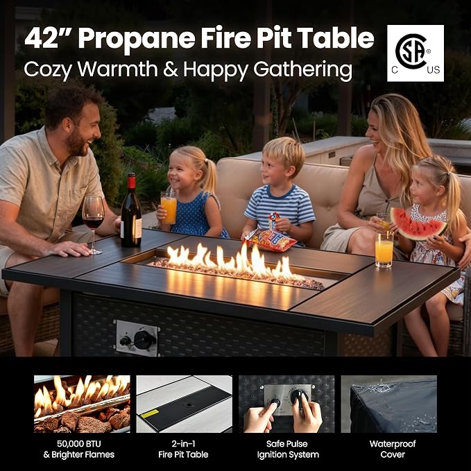 8-Piece Wicker Outdoor Sectional Furniture with Firepit Table, Wide Armrest Patio Couch Set Swivel Rocking Chair Ottoman, Modern Modular Conversation Sets for Backyard Deck Garden, Beige