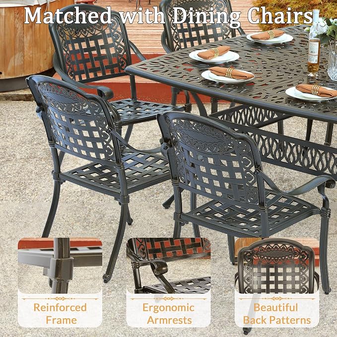 9 Piece Outdoor Patio Dining Set for 8, Cast Aluminium Large Square Dining Table & 8 Stackable Chairs, Umbrella Hole, Patio Furniture Set for Garden Porch Poolside, Dark Bronze