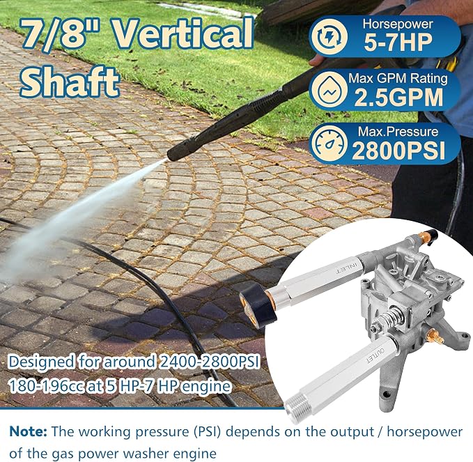 7/8" Pressure Washer Pump Replacement, 2400-2800 PSI, Front Inlet Outlet | Fits 7/8" Vertical Shafts • Driveways & Vehicles • Compatible with Troy Bilt, Ryobi, Honda, Craftsman, Karcher, Homelite
