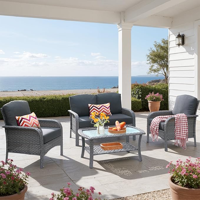 4 PCS Outdoor Patio Furniture Set with Glass Table, All-Weather Rattan Wicker Outdoor Conversation Set with Thickened Cushions for Balcony Backyard Garden Lawn,Black