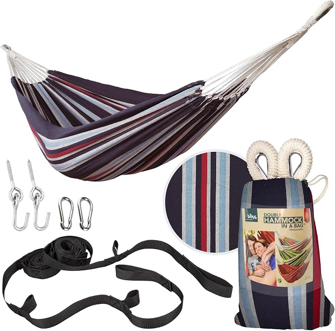 Bliss Hammocks 60" W Double Outdoor Hammock with Hand-Woven Rope Loops & Tree Straps, Patio, Durable, Cotton/Polyester, 265 Lbs Capacity, Patriotic Stripe