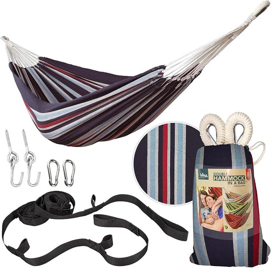 Bliss Hammocks 60" W Double Outdoor Hammock with Hand-Woven Rope Loops & Tree Straps, Patio, Durable, Cotton/Polyester, 265 Lbs Capacity, Patriotic Stripe