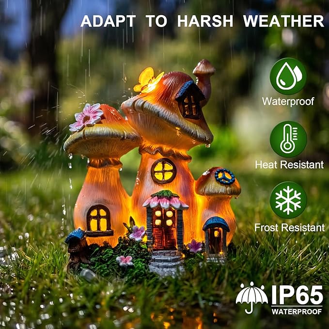 Candieslife Solar Garden Statue Lights Mushroom Mothers Day Decorations Fairy House Figurine Lights, Outdoor Memorial Garden Ornaments Waterproof Decoration for Outside Patio Yard Lawn Decor