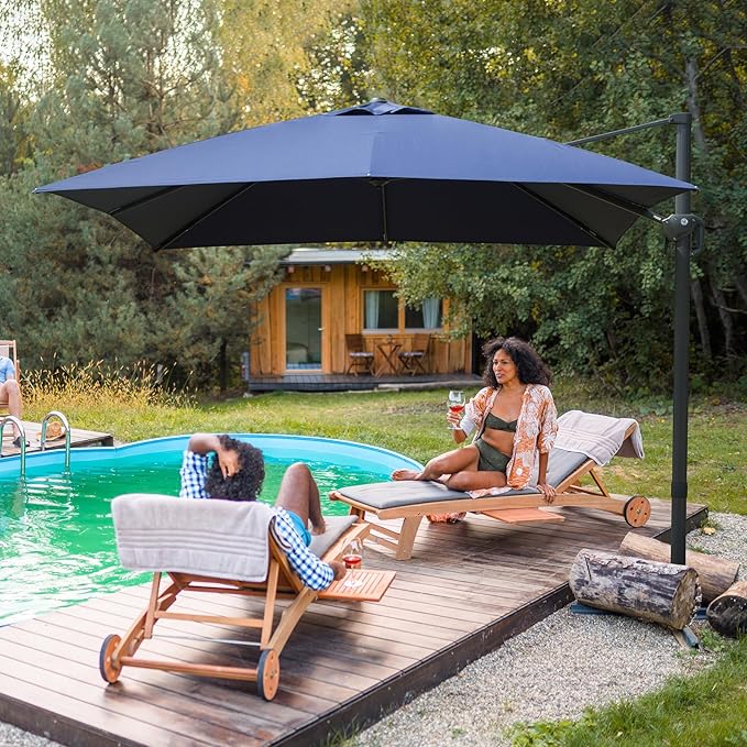 Domi 9’x9’ Cantilever Patio Umbrella, Aluminum Windproof Outdoor Umbrella with 360°Rotation, Square Offset Sun Shade Umbrella for Outside Deck Backyard Garden Pool, Navy Blue