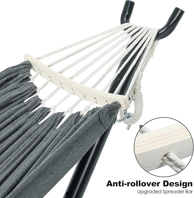 Double Hammock with Stand for Outside, Upgraded Spreader Bar, Heavy Duty Space Saving Steel Stand 2 Person, Side Pocket, Easy Assembly, 600lbs Weight Capacity, Indoor & Outdoor (Dark Grey)