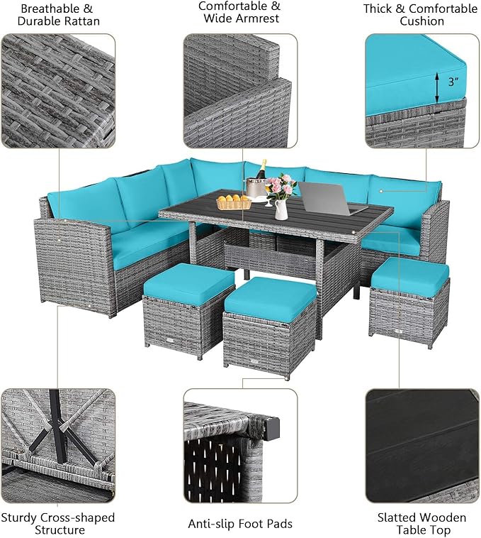HAPPYGRILL 7 Pieces Rattan Wicker Patio Conversation Set, Outdoor Patio Furniture Set with Cushions, Rattan Sofa Set with Dining Table & Ottomans for Poolside Backyard Balcony Garden (Turquoise)