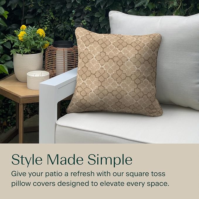Honeycomb Outdoor Square Toss Pillow Covers, 18 x 18, 2-Pack | Courtyard Geo Almond Slipcovers, Water & Fade Resistant for Patio Furniture Set, Cover Only, No Insert