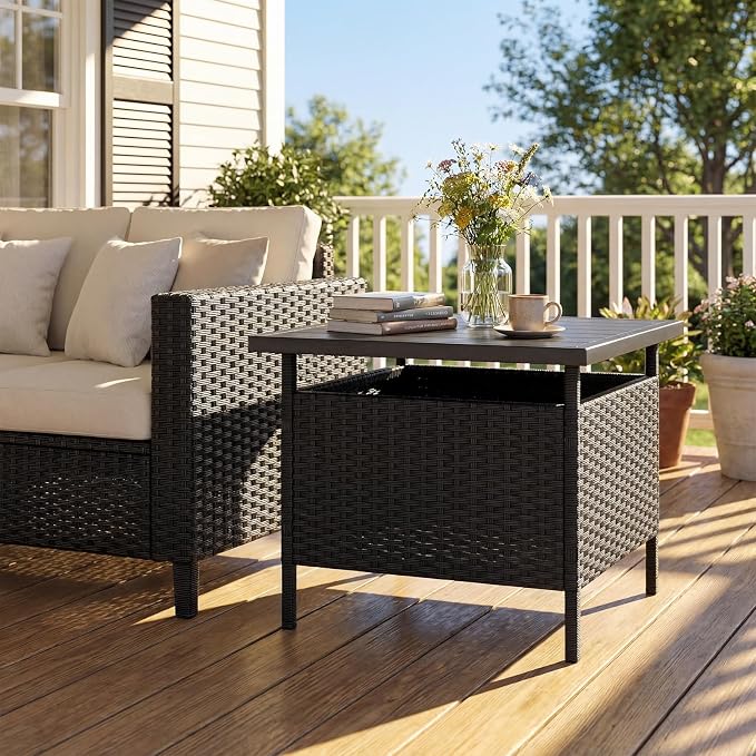 Giantex Umbrella Table, Outdoor Side Table with 2" Umbrella Hole, Rattan Umbrella Stand Holder, Heavy Duty Metal Frame, Patio Bistro Table for Deck Garden Poolside, Black (HDPE Tabletop)