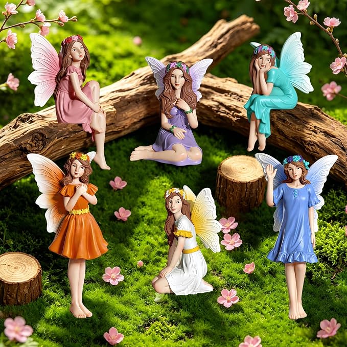 Exasinine 6 Pcs Fairy Figurines 4 Inch Colorful Fairies for Fairy Garden | 6 Hand-Painted 4-Inch Resin Fairy Figurines, Assorted Poses for Fairy Gardens, Flower Beds, Planters and Tabletop Decor