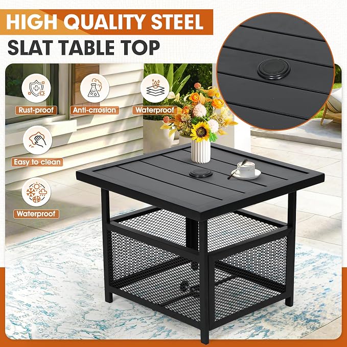 Outdoor Patio Umbrella Side Table Stand, Outdoor Bistro Square Steel Table with 1.57'' Umbrella Hole for Deck Garden Pool Backyard, Black