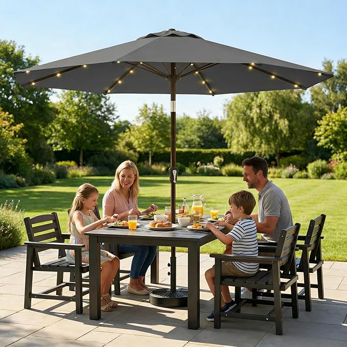 11FT Solar Lighted Patio Umbrella, Outdoor Table Market Umbrellas with Crank Lift, 32 LED Lights, 8 Sturdy Ribs, UV-Resistant for Deck, Garden, Pool