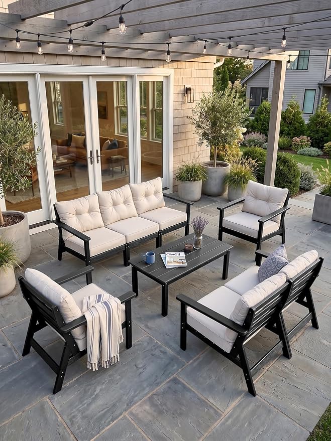 HDPE Patio Conversation Set 5 Seats, Outdoor Furniture Set, Patio Sofa Set | Water-Resistant Thick Cushion, HDPE All Weather, Wood-Grain, No Rot or Rust or Crack, UV Fade Shield, Easy-Clean for Outside
