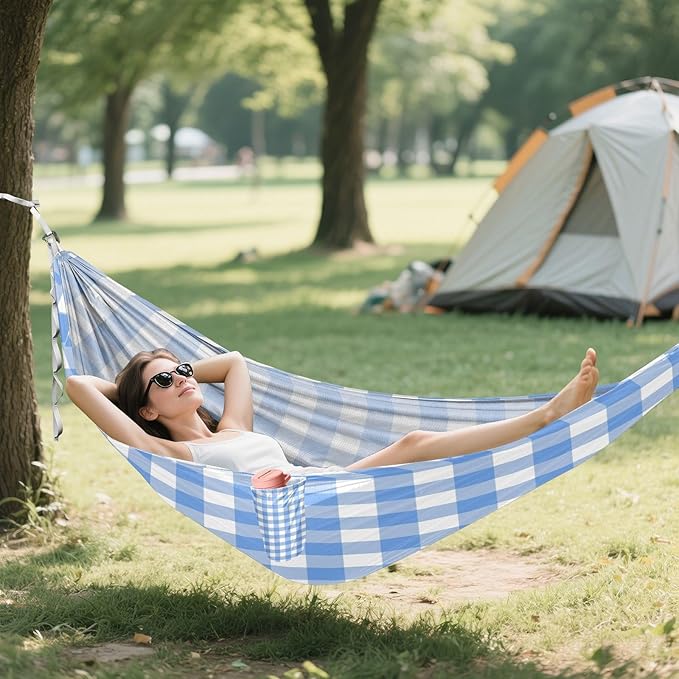 Qilmy Blue and White Plaid Pattern Camping Hammock Single – 330 lbs Capacity, Lightweight with Tree Straps & Carabiners, Portable for Hiking, Travel, Backpacking