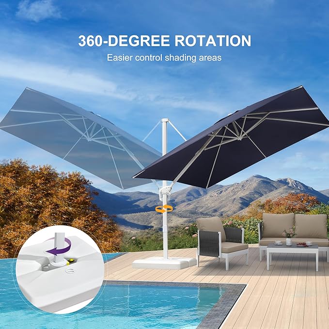 PURPLE LEAF 10 FT Patio Umbrella With Base White Cantilever Umbrella Square Outdoor Offset Windproof with 360° Rotation for Garden Deck Pool, Navy Blue