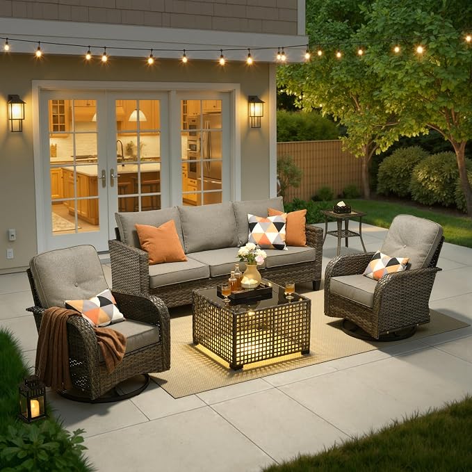 5 Piece Wicker Patio Furniture with Swivel Rocker Chair, Dark Gray | High Back Swivel Rocker Chairs, All Weather Rattan Outdoor Sofa, Solar Lights Table, Modern Conversation Sets, Deck Backyard