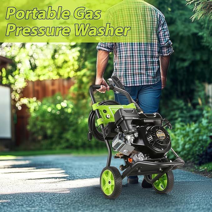 Professional 4200PSI 4GPM 209CC Gas Pressure Washer, 7.0HP Heavy-Duty 3600RPM Commercial Gas Power Washer with 750ML Foam Bottle 8" Wheels 5 Nozzles 25FT Hose (EPA/CARB/ETL Compliant), Green