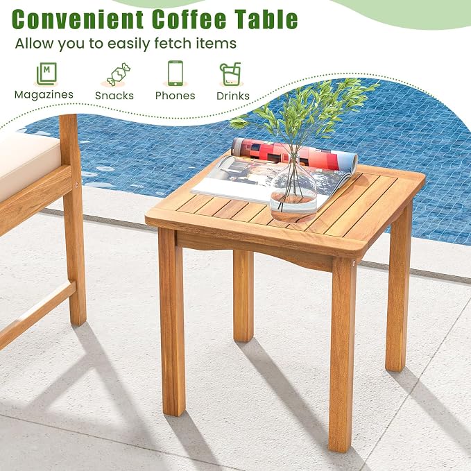 HAPPYGRILL 3 Piece Acacia Wood Patio Conversation Set, Outdoor Bistro Set with Cushions, Solid Wood Frame, 2 Armchairs & Coffee Table Set for Backyard, Porch, Poolside (Navy)