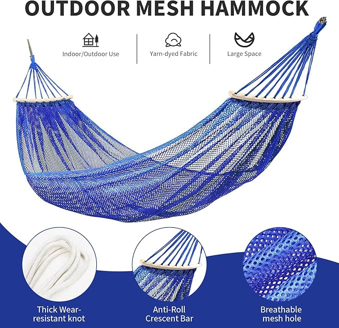 Outdoor Hammock, Ultra Soft & Breathable Nylon Mesh Design, Cool Ice Silk Mesh Hammock, Outdoor Anti-Rollover Hammock Chair - 330 LB Max Load Capacity (Blue)