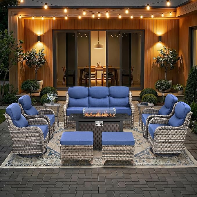 HUMMUH 10 Pieces Outdoor Furniture Set with Fire Pit 6-inch Cushions High Back Patio Furniture Set Wicker Swivel Rocker Chairs Sofa for Porch,Deck,Backyard