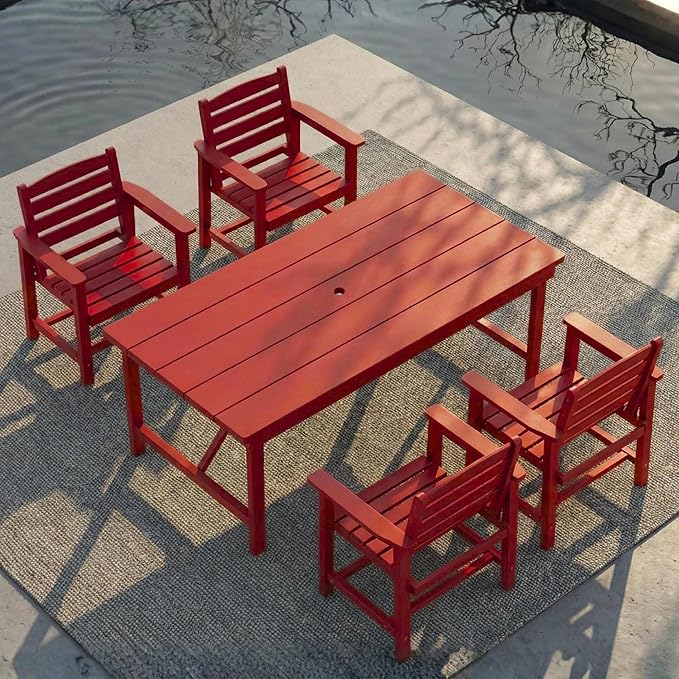 Outdoor HDPE Dining Set 5 Pieces, Patio Table with Umbrella Hole and 4 Chairs, All Weather Patio Furniture for Lawn, Garden, Backyard, Deck, Poolside, Outdoor Dining Table and Chairs, Red
