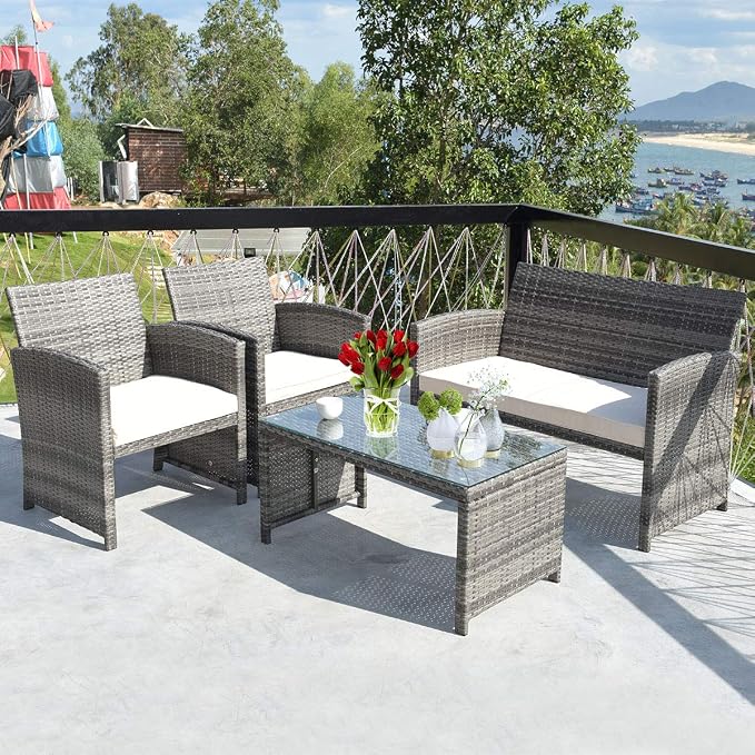 Outdoor Conversation Set, 4 Pieces Wicker Patio Furniture Set with Ergonomic Curved Design, Patio Chair Set with Water-Resistant Cushion & Tempered Glass Table for Backyard, Porch(Beige)