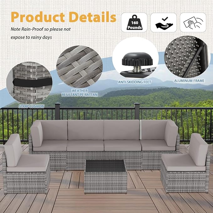 AECOJOY 7 Piece Outdoor Patio Furniture Set, Outdoor Sectional Conversation Furniture Chair with Coffee Table,Patio Sectional for Garden,Backyard(Grey Cushions and Grey PE Rattan)