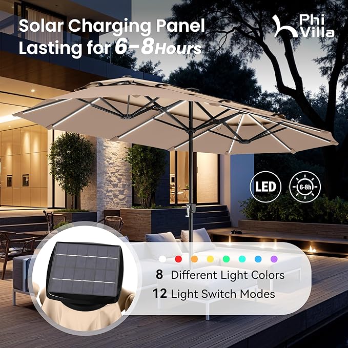 PHI VILLA 13ft Patio Umbrella with 120 PCS Solar-Powered LED Color-Changing Lights, 2-Tier Double-Sided Large Rectanglular Umbrella with Base Included, Beige&Tan