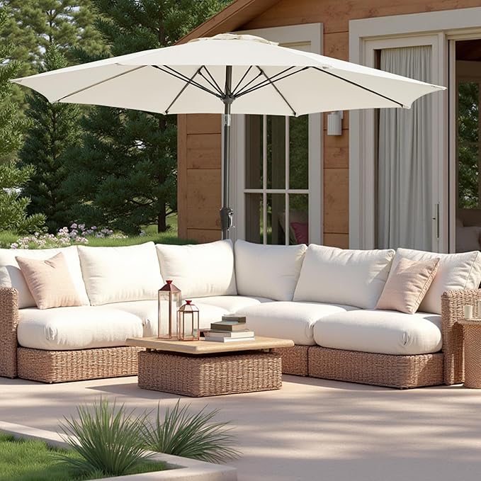 9FT Large Outdoor Patio Umbrella Market Table Umbrella-UV Resistant, Easy Push Button Tilt and Crank, 8 Sturdy Ribs Heavy-Duty Pool Umbrella for Deck,White