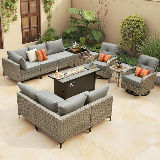 Outdoor Sectional Patio Furniture Set with Fire Pit Table,11 Pieces Rattan Wicker Conversation Sets L Shaped Couch,Out Door Furniture with Swivel Chairs Glowing Coffee Table,Dark Grey
