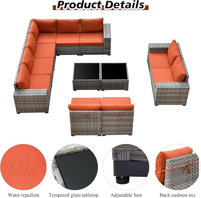 HOOOWOOO Outdoor Patio Sectional Furniture Sofa Set with Widened Armrest,12 Piece Large Modern Wicker Couch,Modular L Shaped Conversation Seating Set with Table for Out Door Garden Corner(Orange Red)