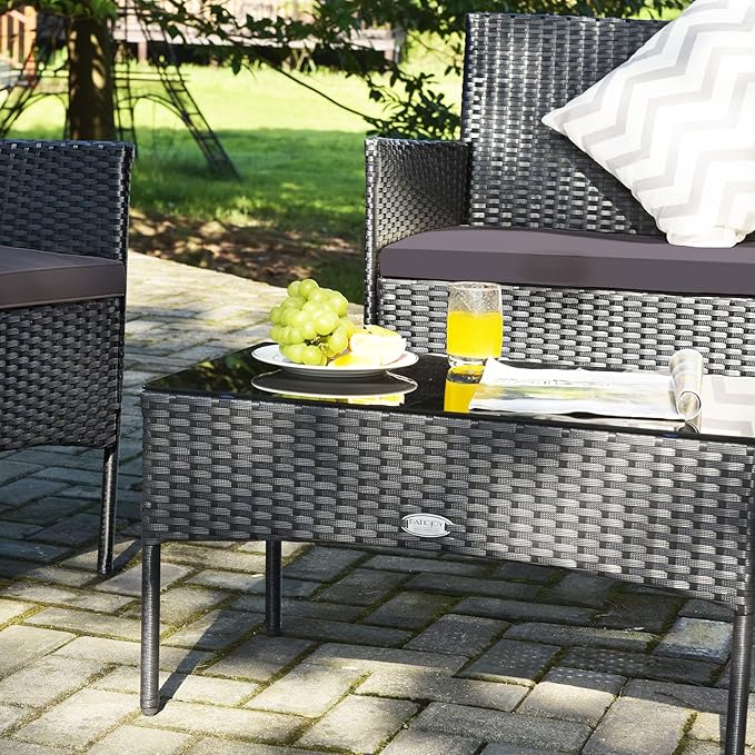 Tangkula 8 Pieces Patio Rattan Conversation Set, Outdoor Wicker Furniture Set with Tempered Glass Coffee Table &Thick Cushion, Rattan Chair Wicker Set for Garden, Lawn, Poolside and Backyard