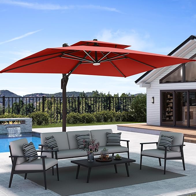 9' X 12' Patio Umbrella with LED Lights Outdoor Cantilever Large Rectangle Offset Umbrellas Heavy Duty Aluminum Double Top with 360-degree Rotation for Pool Garden Deck, Red